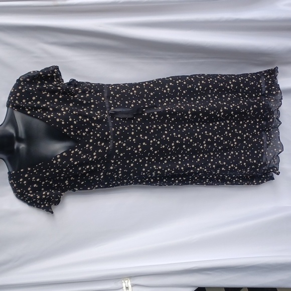 Maggy London silk black cream polka dot dress short flutter sleeve 14, 21" PTP - Picture 1 of 8